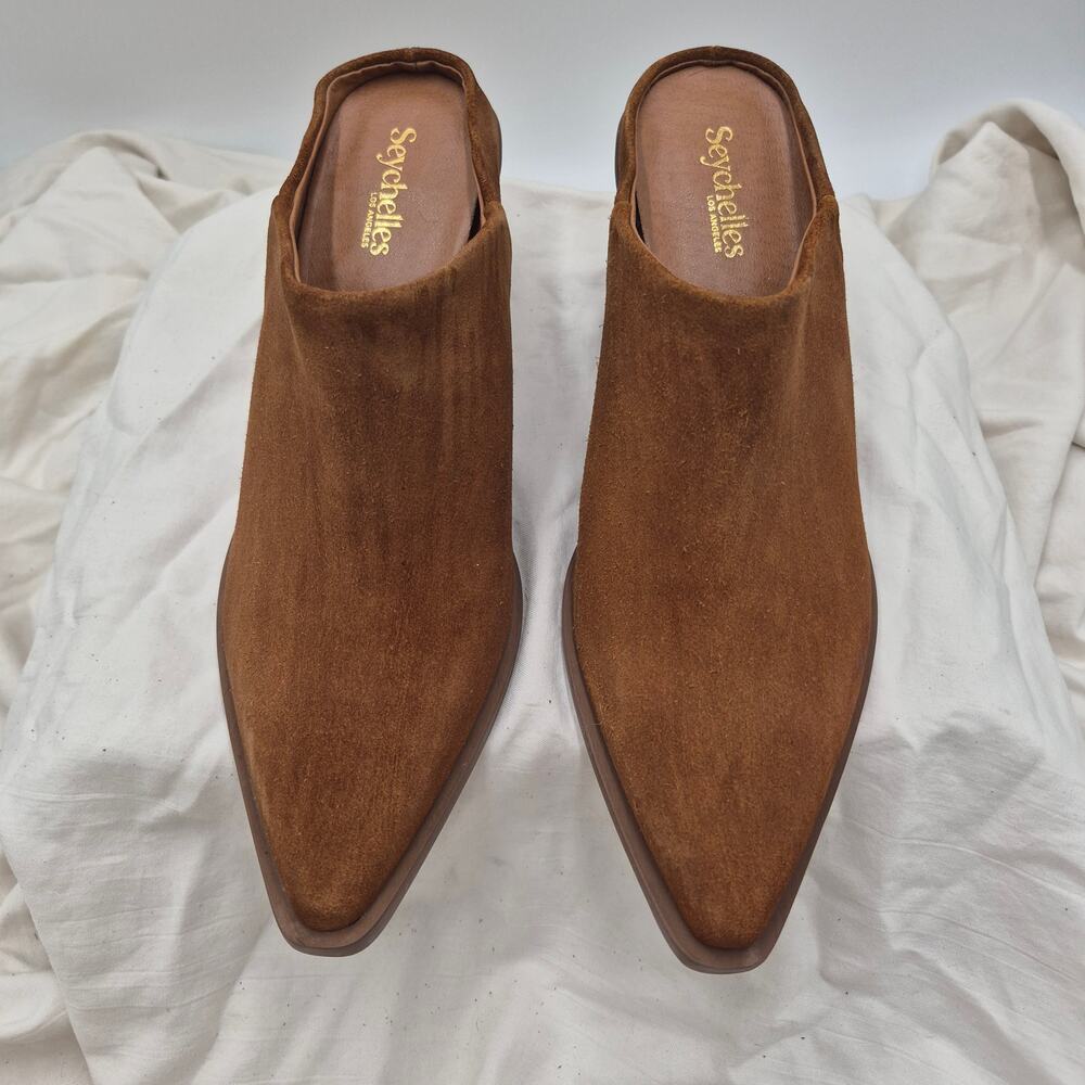 Seychelles "Morning Joe" mules brown suede pointed toe block heel size 8.5